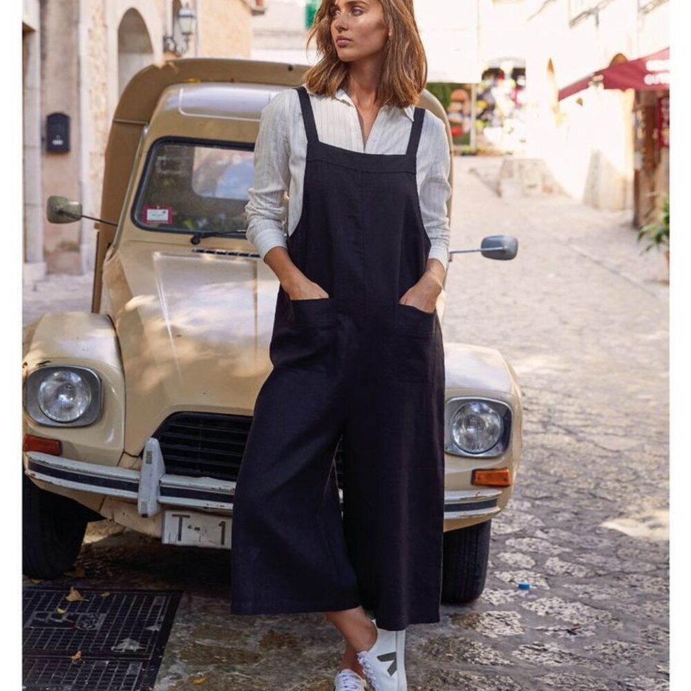 THE WHITE COMPANY 100% Linen Overalls 10 Dungarees Jumpsuit Black Loose Oversize - Picture 1 of 9